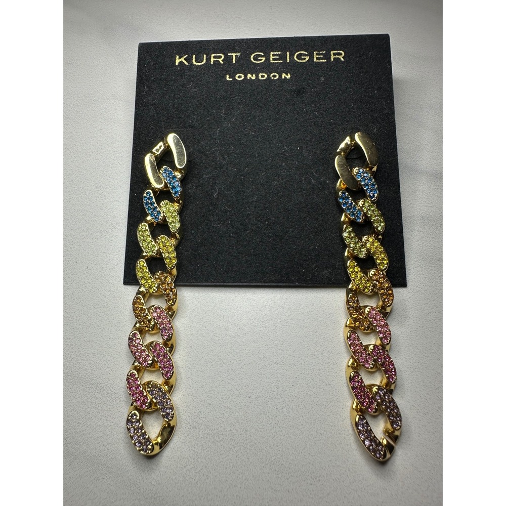 Kurt Geiger London Rainbow Crystal Curb Chain Drop Earrings Gold Tone Multi